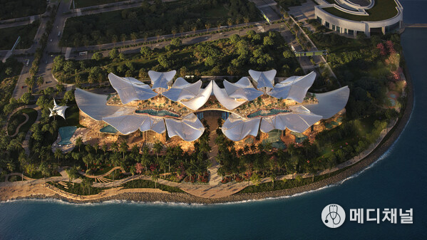 Overhead render of the proposed Therme Singapore site, showcasing the layout and surrounding landscape. Image courtesy of Therme Singapore and DP Architects