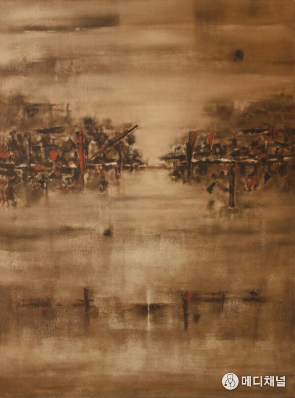 V. S. Gaitonde’s rare abstract masterpiece invites a state of profound meditation, where layered surfaces and silent tonal shifts transcend visual art to become an experience of pure inner stillness.