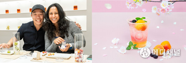 Left: Travelers from around the world enjoying the Ume Experience; Right: Seasonal limited drink “SAKURA HANAMI UME SODA”